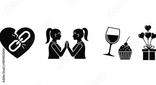 Valentine day elements with broken heart and gift