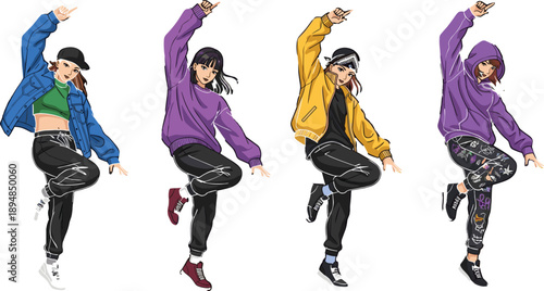 Street dance female illustration set, hip hop girl dancers posing, urban fashion style, energetic movement, modern cartoon characters isolated