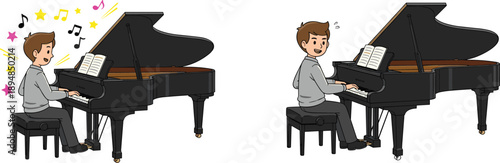 Boy playing grand piano illustration set, child musician practicing music, classical instrument performance, cute cartoon style isolated white background