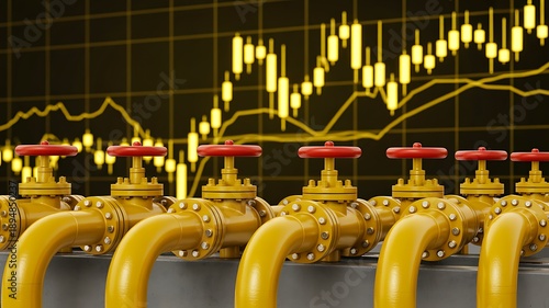 Industrial gas pipeline valves with financial growth chart concept