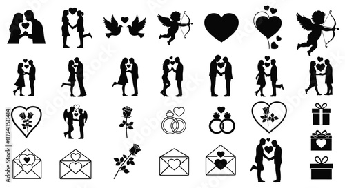Collection of black silhouette romantic symbols for valentine's day