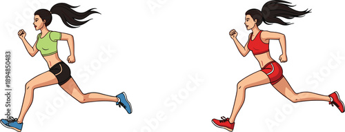 Women running illustration set, female athletes sprinting, fitness training concept, healthy lifestyle exercise, sports activity isolated white background