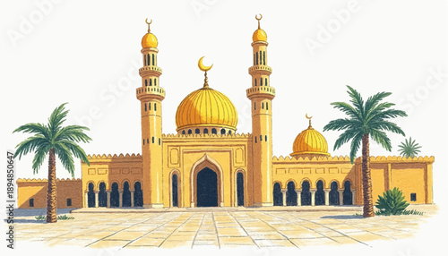 A grand, golden-domed mosque with two tall minarets, flanked by palm trees and set against a clear sky, showcasing Islamic architectural splendor.