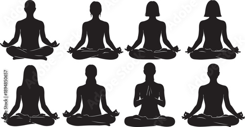 Silhouettes of people meditating in various yoga poses together