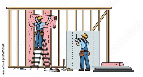 Construction workers installing insulation and drywall on a wall.