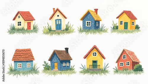A charming watercolor illustration depicts a collection of eight quaint, colorful houses nestled in lush green grass, each with unique architectural details and vibrant roof colors.