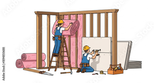 Construction workers installing insulation in a wooden frame house.