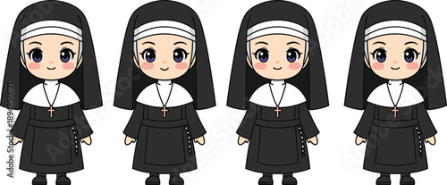 Cute cartoon nun characters illustration, religious sister costume set, kawaii style, catholic church theme, isolated white background vector kids design