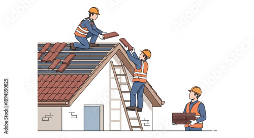 Construction workers installing roof tiles on a house building.