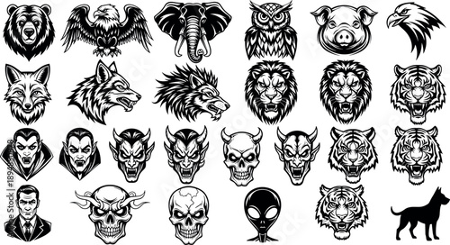 Big collection of black and white vector mascot heads featuring wild animals, mythical demons, skulls, vampires and aggressive sport logos.