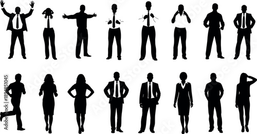 Corporate Business People Silhouettes Vector Set of Men and Women in Formal Suits Posing Isolated on White Background