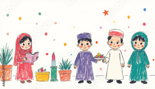 A charming watercolor illustration depicts a group of diverse children in traditional Islamic attire, celebrating a joyous occasion with festive decorations.