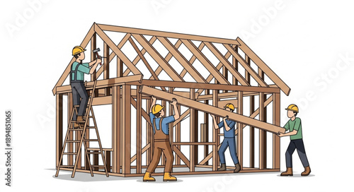 Construction workers building a wooden house frame together.