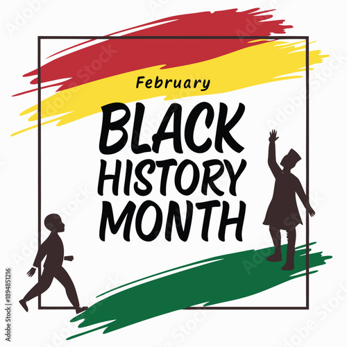 A vibrant graphic honoring February as black history month with symbolic Pan-African colors

