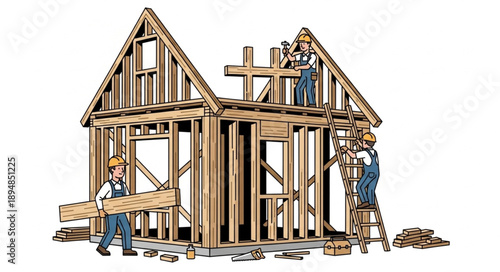 Construction workers building a wooden house frame together.
