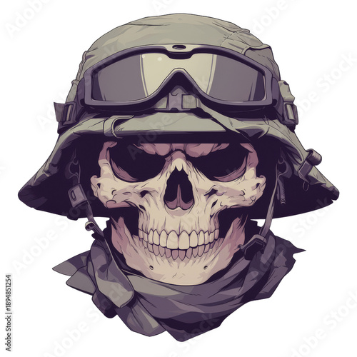 Stylized illustration of a skull wearing a military helmet, goggles, and a scarf, depicted with a grim expression.