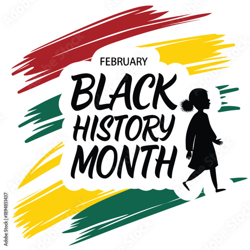 A vibrant graphic honoring February as black history month with symbolic Pan-African colors

