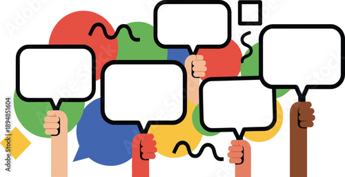 Diverse Raised Hands Holding Blank Speech Bubbles for Communication and Social Media Concept Vector Illustration
