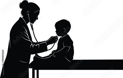 Pediatric doctor examining child silhouette medical checkup healthcare concept showing pediatrician with stethoscope black vector illustration isolated on white background