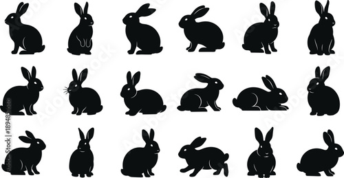 Rabbit silhouettes set showing cute bunny poses and movements animal collection black vector illustration isolated on white background design