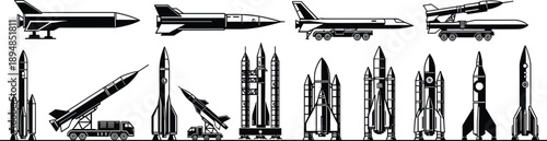 Rocket and missile silhouettes showing space launch vehicles military aerospace technology collection isolated on white background vector illustration design set