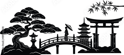 Japanese traditional landscape silhouette with torii gate pagoda bridge pine tree woman umbrella black vector illustration isolated on white background
