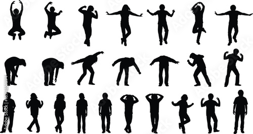 Silhouette collection of dancing people showing energetic poses celebration movement joy party lifestyle vector figures isolated on white background design set