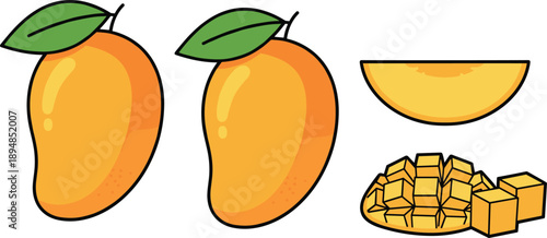 Fresh Mango Fruit Whole Sliced and Cubed Pieces Tropical Vector Illustration Set
