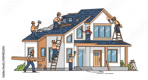 Construction workers building and repairing a house exterior.