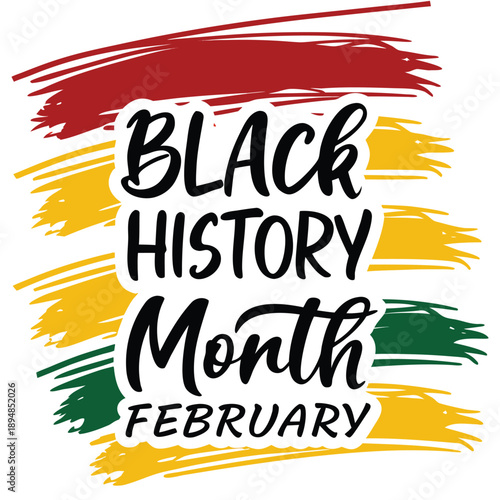 A vibrant graphic honoring February as black history month with symbolic Pan-African colors

