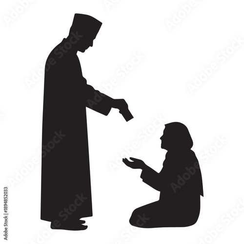 A priest offering communion to a kneeling woman a stark black silhouette