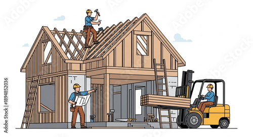 Construction workers building a wooden house with a forklift.