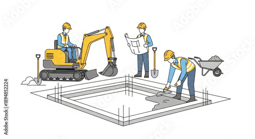 Construction workers building foundation with excavator and wheelbarrow.