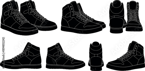 Set of stylish black high top basketball sneakers silhouettes isolated on white background viewing from different angles for footwear design.