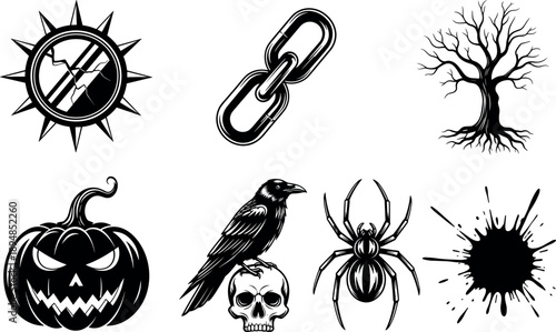 Spooky Halloween and Horror Vector Illustration Set with Pumpkin Skull Raven Spider Chains and Dead Tree Silhouettes