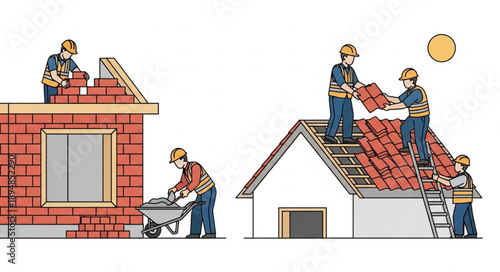 Construction workers building houses and roofs with bricks and tiles.