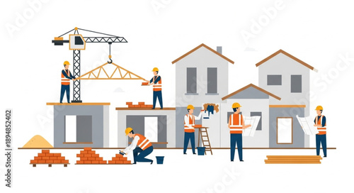 Construction workers building houses with crane and tools.