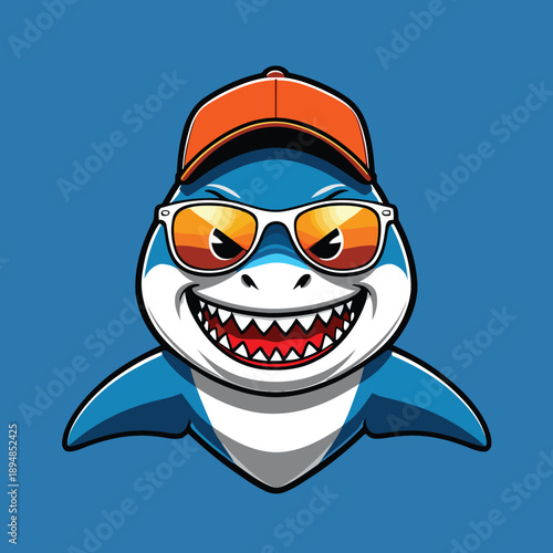 vector illustration of a cartoon shark wearing a hat and glasses