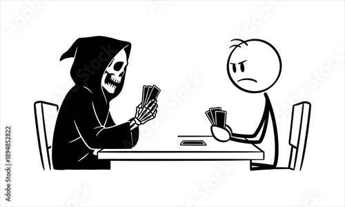 Grim Reaper and Stick Figure Playing Cards at Table