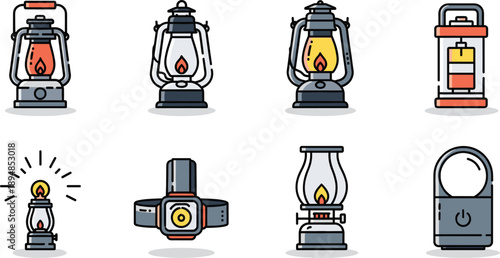 Vintage Oil Lantern and Portable Camping Light Collection Vector Illustration Set