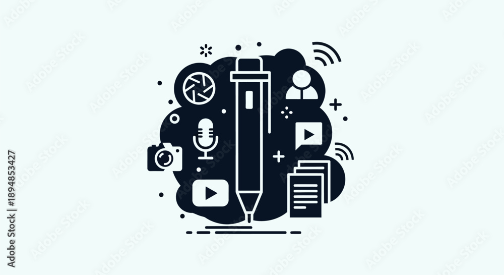 Naklejka premium Creative Pencil Icon with Multimedia Symbols.