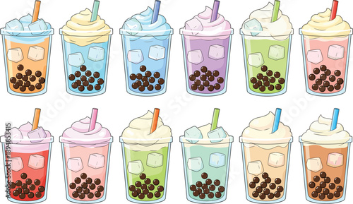 Cute colorful bubble tea cups set with tapioca pearls, pastel milk tea drinks, kawaii style vector illustration
