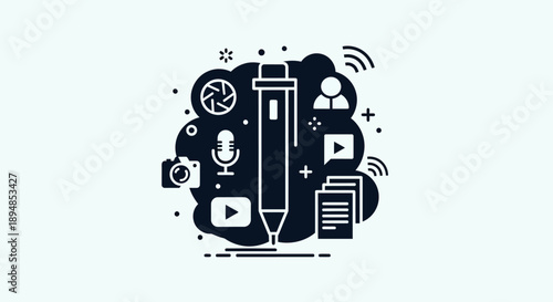 Creative Pencil Icon with Multimedia Symbols.