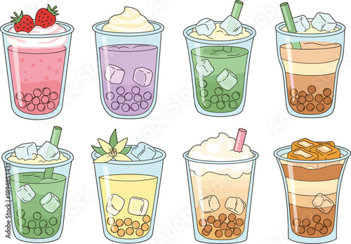 Cute colorful bubble tea drinks set with fruits and tapioca pearls, kawaii milk tea vector illustration
