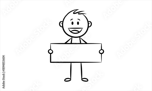 Happy stick figure cartoon holding a blank sign ready for your custom message or text
