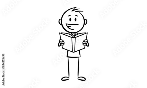 A happy stick figure man joyfully reading an open book with a big smile