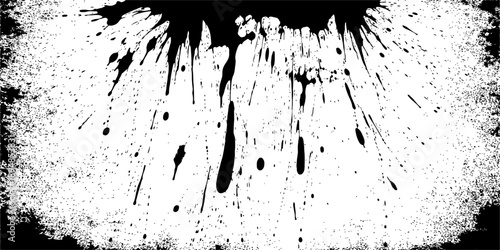 A dirty black ink splat vector design featuring an abstract grunge texture with paint splashes, spray drips, and liquid stains for a unique graffiti art illustration element