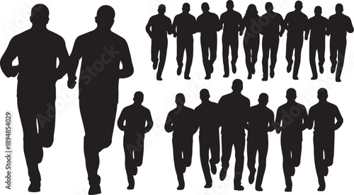 Silhouettes of people running in various group formations together