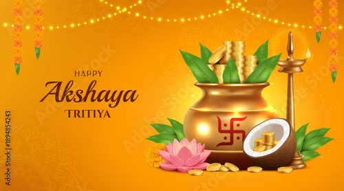 Vibrant Akshaya Tritiya celebration with golden pot and coins