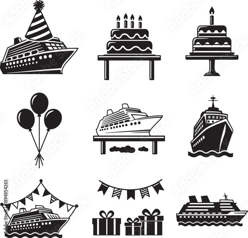 Holiday Cruise Ship Vector Set with Cakes, Balloons and Party Decorations